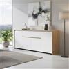 Dmora - Credenza Charlize, Buffet da Soggiorno, Madia da Salotto, Dispensa da Cucina, 197x48 h84 cm, Rovere e Bianco Lucido