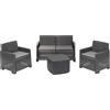 Dmora Set Salotto da Esterno Peschici,con 2 poltrone, 1 Divano e 1 tavolino, Effetto Rattan, 100% Made in Italy, Antracite, Pelle. Materiale, Medio