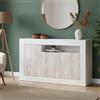 Dmora - Credenza Thornton, Armadio da salotto, Buffet da soggiorno con scomparti, Mobile Porta TV, Madia moderna a 3 ante, 144x42h87 cm, Bianco