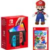 Pacchetto Nintendo Switch - Modello OLED (blu neon/rosso neon) Super Mario Bros. Wonder + Peluche di Mario