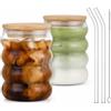 VINATO Set 2 Tazze da Caffè in Vetro con Coperchio - 320ml Vetro Borosilicato con Coperchio in Legno & Cannuccia in Vetro - Per Latte Macchiato, Cappuccino, Tè