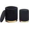 Il Gruppone Passione Casa IlGruppone Set Di 2 Pouf Contenitore In Velluto Design Moderno Poggiapiedi,Sgabello Tondo con Coperchio Rimovibile e Seduta Imbottita Alta Densità Con Fascia In Metallo Capiente Storage Box - Nero