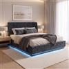[en.casa] Letto Matrimoniale Contenitore 160x200 cm Effetto Lino Blu | Struttura con Apertura a Ribalta, Vano di Stoccaggio, Illuminazione Luce LED RGB, Testiera Imbottita