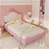 Zepneiy Letto per bambini imbottito 90 x 200 cm, testiera con corona, bordi di protezione morbidi, gambe in metallo, tessuto PU, rosa + bianco (materasso non incluso)