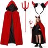 PAPU Costume Diavolo Set di Carnevale,90/120/150 cm Mantello Double Face & Corna da Diavolo & Bastone,Mantello Rosso e Nero Costume Diavoletta per Carnevale Costumi Accessori Diavoletta Festa Cosplay