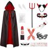 PAPU Costume da vampiro da donna, per Halloween, diavolo, mantello da vampiro, con denti da vampiro, corna del diavolo e asta, costume da 13 pezzi, per Halloween da donna, diavolo, vampiro, accessorio per