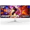 CRUA Monitor da gioco bianco da 34 pollici, 165 Hz/144 Hz, WQHD (3440 x 1440p), schermo ultra ampio IPS con altoparlanti integrati, supporta FreeSync, 120% sRGB, HDMI 2.0 e DP