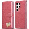 BLOTECH Brillantini Custodia for Samsung Galaxy S24 Ultra Bling Case Rosa Glitter Shell Wallet PU 3D Amore Cuore Strass Cover Custodia Morbido Case Libro Scintilla Leather Pelle per Samsung Galaxy S24 Ultra