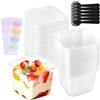 dogmoon 50 bicchieri da dessert in plastica con coperchio, 420 ml, bicchieri da dessert rettangolari con 50 cucchiai, riutilizzabili, bicchieri da dessert quadrati trasparenti per dessert, gelato, mousse