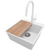 PRIMAGRAN Lavandino da Cucina al Mobile 50cm + Rubinetto, 48x50cm | Set: Rubinetto BW9010 + Kit di scarico + Tagliere + Lavello in Granito a 1 Vasca - Riga, Bianco