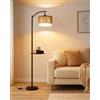 Wio-Mio Lampada da terra in rattan con tavolo, terra per soggiorno, lampada da terra con interruttore a pedale, lampada da terra boho nera, doppio paralume in tessuto, 3 temperature di colore