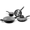 Aeternum, Stone in Black, Batteria 5 pezzi antiaderenti, 1 Casseruola 16 cm, 2 Padelle 20-24 cm, 1 Tegame 14 cm, 1 Coperchio 20 cm, Alluminio, Nera