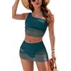 SHEKINI Costume da Bagno Donna Due Pezzi Costumi in Rete Una Spalla Top Bikini a Vita Media Gonna con Slip Beachwear Imbottito Controllo della Pancia
