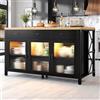 Huayz Isola da cucina con 3 cassetti e ante in vetro, design industriale, 150 x 80 x 90 cm, illuminazione, piedini regolabili, per cucina e sala da pranzo, colore nero naturale