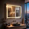 MIQU Specchio da bagno a LED con illuminazione specchio bagno 90 x 60 cm, grande con presa touch, dimmerabile, caldo/bianco, luce anteriore antiappannamento, per WC, corridoio, angoli