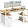 VASAGLE Scrivania per Computer, 3 Ripiani, 2 Cassetti, 140 x 60 x 76 cm | Tavolo da Ufficio, per Ufficio, Soggiorno, Stile Moderno, Rovere Naturale e Bianco Opaco, Collezione BARNET LWD104Y01