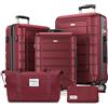 SHOWKOO Set Valigie Rigide 5 Pezzi Set Trolley da Viaggio Espandibile PC+ABS Leggero Ultra Durevole Valigia Bagaglio a Mano con Borsa da Toilette e Borsa da Viaggio, Rosso