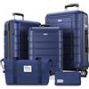 SHOWKOO Set Valigie Rigide 5 Pezzi Set Trolley da Viaggio Espandibile PC+ABS Leggero Ultra Durevole Valigia Bagaglio a Mano con Borsa da Toilette e Borsa da Viaggio, Blu