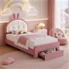 DAHUEN Lettino per bambine da 90 x 200 cm, letto imbottito con strisce LED, testiera regolabile a forma di coniglio, letto per ragazzi con rete a doghe, in velluto, senza materasso (rosa-F, 90 x 200