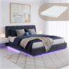 [en.casa] Letto Matrimoniale con Materasso 180x200 cm Effetto Lino Blu | Struttura con Apertura a Ribalta, Doppio, Vano Contenitore, Schiuma, Illuminazione Luce LED RGB, Testiera Imbottita