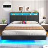 Brinlawb Letto Matrimoniale 160x200 cm Fluttuante, Testiera Imbottita, LED, Ricarica | 2 prese AC, 1 USB-A e 1 USB-C; doghe in legno massello; 60.000 colori LED regolabili via APP; testiera con vano portaoggetti.