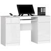 AKORD Scrivania A5 Con Ripiano per Tastiera | Office Desk | 2 Cassetti e 2 Ripiani ad Anta | Scrittoio per Ufficio | Per Computer PC Laptop | L135 x H77 x P50 cm, 58 kg | Bianco/Bianco lucido