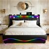 XMFFPM 140x200 cm Letto con Sollevamento a Gas e Contenitore,Nero,Pelle | Ricarica USB e Type-C, illuminazione LED, sistema di supporto a doghe, silenzioso, letto imbottito, senza materasso