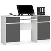 AKORD Scrivania A5 Con Ripiano per Tastiera | Office Desk | 2 Cassetti e 2 Ripiani ad Anta | Scrittoio per Ufficio | Per Computer PC Laptop | L135 x H77 x P50 cm, 58 kg | Bianco/Grigio grafite