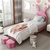 Merax Letto imbottito, 90 x 200 cm, letto per ragazzi con 2 sgabelli, illuminazione notturna a LED, orecchie di coniglio pieghevoli e testiera regolabile in altezza, rete a doghe, velluto francese