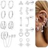 FIOROYAL 8Paia Set Orecchini Donna Acciaio Inossidabile Anallergici Punto Luce Orecchini Cerchio Oro 14K Catena Zirconia Pendente Piccoli Orecchino Helix Trago Conch Piercing Orecchio