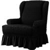 WWQQKJ Elastico Copripoltrona con Orecchie 1 Pezzo, Seersucker Tessuto Copripoltrona con Gonna Elegante Volant, Soggiorno Copridivano Mobili Protettore Copertura(Nero)