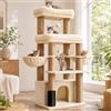 Hey-brother Tiragraffi per Gatti, Colonna sisal 8cm spessa, Cuccia, MPJ02MJ | 130cm Albero per Gatti, 2 Piattaforme, 2 Ceste, Spazzola per animali, Ideale per gatti taglia grande da interno, Beige e oro