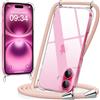 caslord Trasparente Cover con Cordino per iPhone 16 | 1,6 m Regolabile | Antiurto | Anti-ingiallimento | Anti-Graffio | Rosa