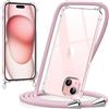 caslord Trasparente Cover con Cordino per iPhone 15 | 1,6 m Regolabile | Antiurto | Anti-ingiallimento | Anti-Graffio | Oro rosa