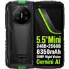 DOOGEENEXT Mini Smartphone Rugged Fire 3 Ultra, 24GB+256GB, 20MP Visione Notturna Telecamera, 5,5 HD+, Corpo Compatto+Facile da Impugnare, 8350mAh Batteria, AI Gemini, Cellulare Antiurto, NFC Verde