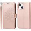 Cavor Cover Compatibile con iPhone 14 Plus con Cordino,Flip Fiori Portafoglio Custodia in Pelle,[4 Slots][Magnetica],Custodia Cover con Laccio Compatibile con iPhone 14 Plus - Oro Rosa