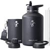 Coolflask Borraccia termica 2 litri con Custodia in Pelle PU e 2 tappi | Borraccia inox 1,9L tripla parete, 48h freddo/24h caldo, antiperdita, lavabile, BPA-free, autonomia per sport, PU+2 tappi