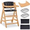 hauck Seggiolone Set Alpha+ Move - Seggiolone Pappa Legno con Ruote - Sediolone Pappa Bimbi con Vassoio e Cuscino - Sedia Evolutiva con 2 Piatti in Silicone - Carbone/Legno