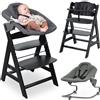 hauck Seggiolone Pappa Evolutivo Alpha Plus Newborn Set Premium, Da 0 Mesi con Sdraietta Neonati Dondolo Reclinabile Extra Piatta, Cuscino - (Bouncer Dark Grey, Nero)