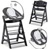 hauck Alpha Plus Newborn Set Deluxe - Seggiolone In Legno Evolutivo dalla Nascita - Sedia Bambini con Sdraietta Dondolo Neonati Reclinabile e Cuscino - Nero