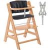 hauck Seggiolone Legno Evolutivo con Cuscino, Alpha Plus Legno/Charcoal | Seggiolone evolutivo in legno | Cintura a 5 punti e barra di protezione | Cuscino incluso | Natural Charcoal