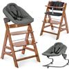 hauck Seggiolone Pappa Evolutivo Alpha Plus Newborn Set Premium, dalla Nascita, con Sdraietta Neonati 2in1 Regolabile e Dondolo, Cintura a 5 Punti e Cuscino in Cotone - Bouncer Dark Grey, Noce