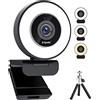 Spedal Webcam 4K con anello leggero, built-in Privacy Cover e Dual Microphone, Fast AutoFocus, luminosità regolabile, USB Streaming Web Camera con Tripod
