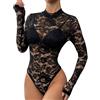 TouKingda Body da donna in pizzo floreale trasparente, sexy, a metà collo, maniche lunghe, vestibilità aderente, tuta modellante con ricamo in pizzo casual con chiusura a scatto