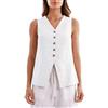 Amazhiyu Gilet da donna, in lino, da donna, corto, senza maniche, in lino, elegante, scollo a V, bottone, vintage, giacca