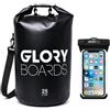 Glory Boards® Zaino impermeabile Dry Bag da 25 litri con custodia per | Sacca impermeabile galleggiante, in PVC resistente, custodia impermeabile per smartphone, per SUP, kayak, campeggio, nero