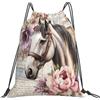 Dusviba Zaino con coulisse con motivo floreale con peonia e cavallo retrò | Borsa da palestra leggera in poliestere resistente all'acqua per sport, viaggi, scuola, yoga, spiaggia, shopping