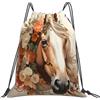 Dusviba Zaino con coulisse motivo floreale con cavallo acquerello | Borsa da palestra leggera in poliestere resistente all'acqua per sport, viaggi, scuola, yoga, spiaggia, shopping