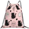 Dusviba Black Cat Love Heart Zaino con coulisse | Borsa da palestra leggera in poliestere resistente all'acqua per sport, viaggi, scuola, yoga, spiaggia, shopping