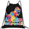 Dusviba Zaino con coulisse colorato dinosauro consapevolezza autismo | Borsa da palestra leggera in poliestere resistente all'acqua per sport, viaggi, scuola, yoga, spiaggia, shopping